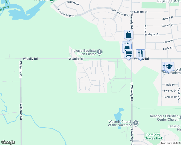 map of restaurants, bars, coffee shops, grocery stores, and more near 4245 West Jolly Road in Lansing