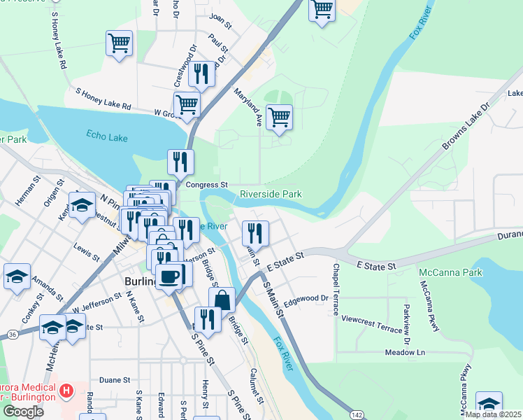 map of restaurants, bars, coffee shops, grocery stores, and more near 556 East Jefferson Street in Burlington