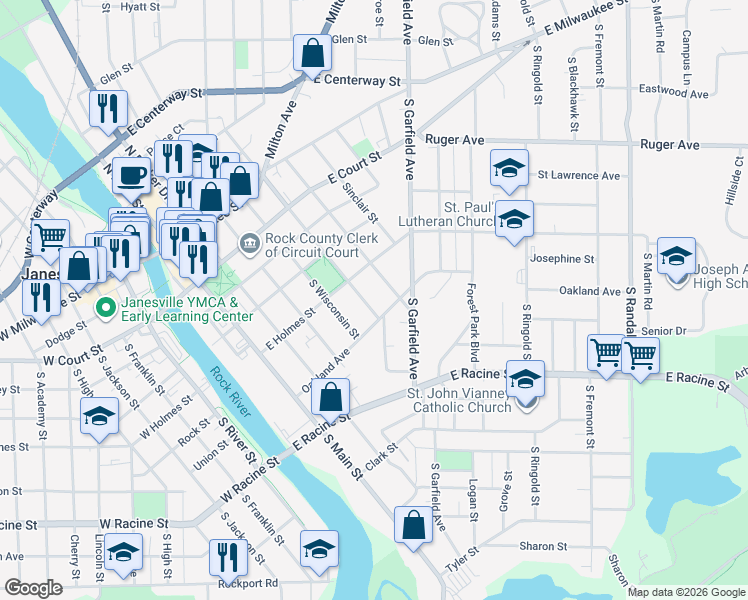 map of restaurants, bars, coffee shops, grocery stores, and more near 326 South Atwood Avenue in Janesville