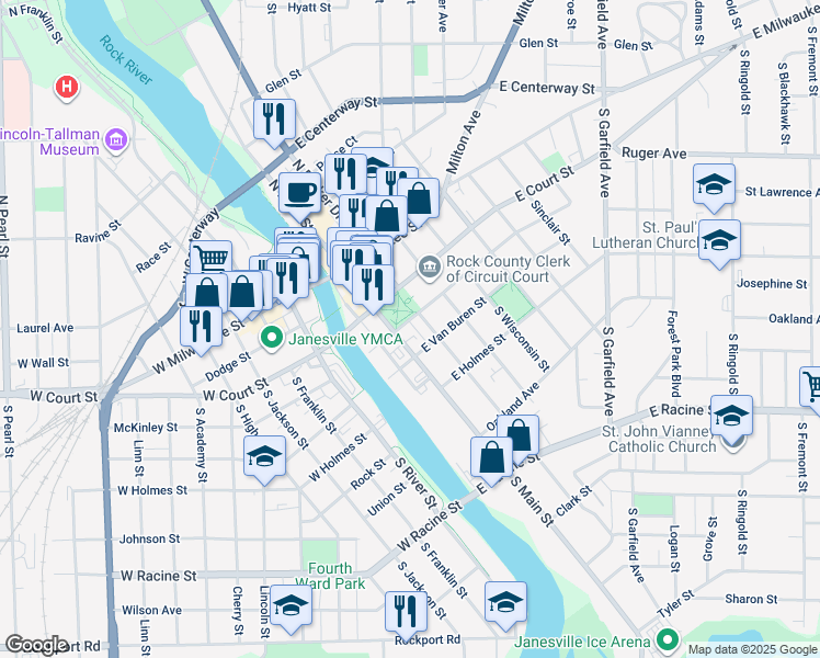 map of restaurants, bars, coffee shops, grocery stores, and more near in Janesville