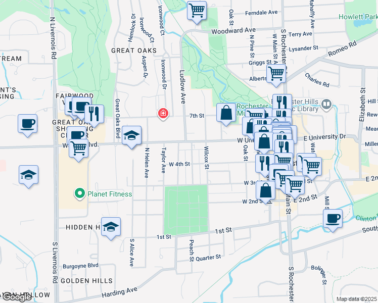 map of restaurants, bars, coffee shops, grocery stores, and more near 427 Wesley Street in Rochester