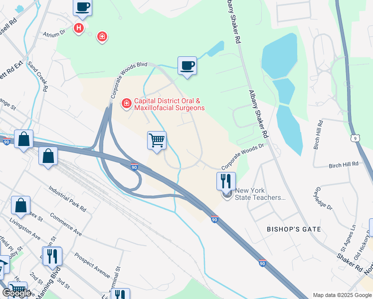 map of restaurants, bars, coffee shops, grocery stores, and more near 100 Corporate Woods Drive in Albany