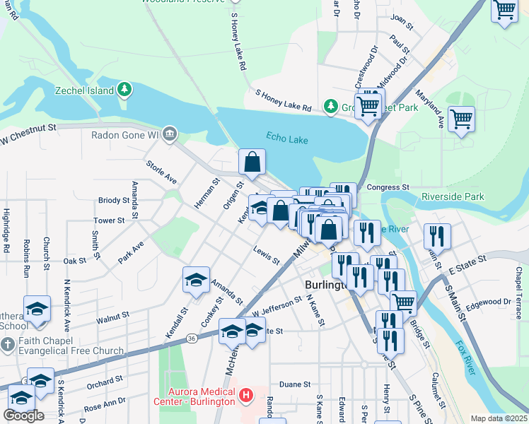 map of restaurants, bars, coffee shops, grocery stores, and more near 219 West Chestnut Street in Burlington