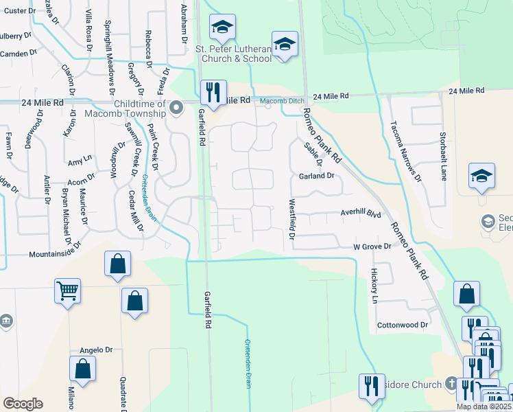 map of restaurants, bars, coffee shops, grocery stores, and more near 16791 Sandstone Cir in Macomb