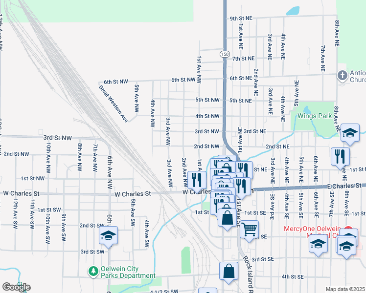 map of restaurants, bars, coffee shops, grocery stores, and more near 198 2nd Ave NW in Oelwein