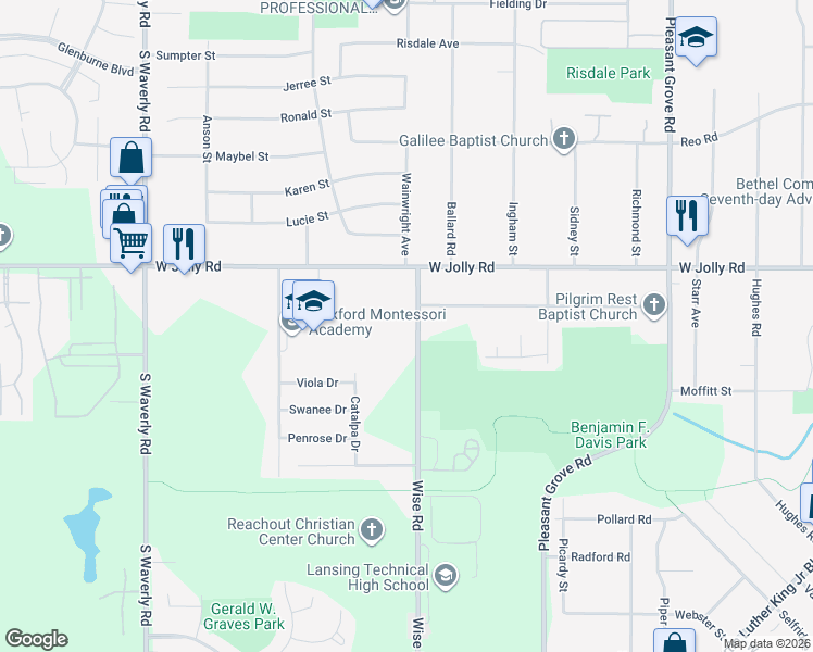 map of restaurants, bars, coffee shops, grocery stores, and more near 5208 Wise Road in Lansing