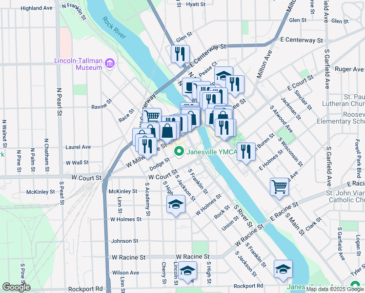 map of restaurants, bars, coffee shops, grocery stores, and more near 15 South Franklin Street in Janesville