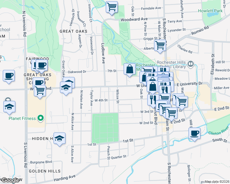 map of restaurants, bars, coffee shops, grocery stores, and more near 411 Wilcox Street in Rochester