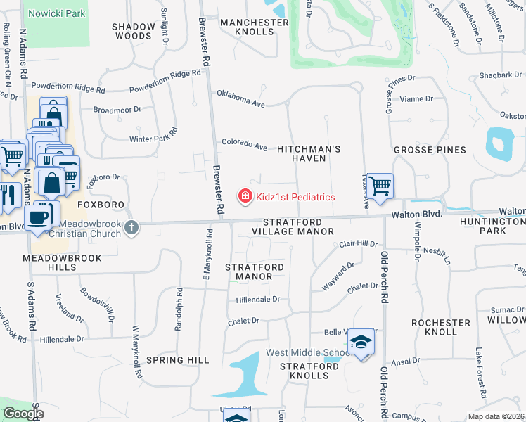 map of restaurants, bars, coffee shops, grocery stores, and more near 2311 Walton Boulevard in Rochester Hills