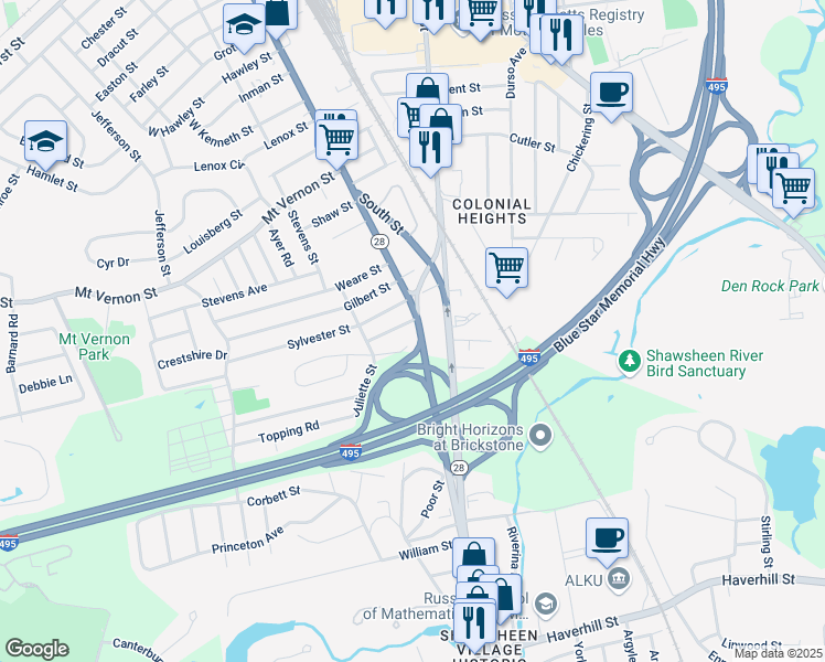 map of restaurants, bars, coffee shops, grocery stores, and more near 3 Walker Avenue in Andover