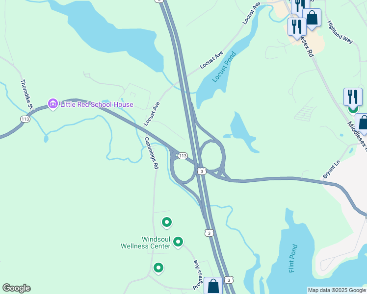 map of restaurants, bars, coffee shops, grocery stores, and more near 10 Old Kendall Road in Tyngsborough