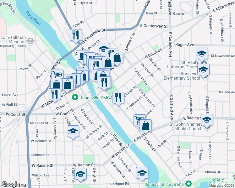 map of restaurants, bars, coffee shops, grocery stores, and more near 200 South Parker Drive in Janesville