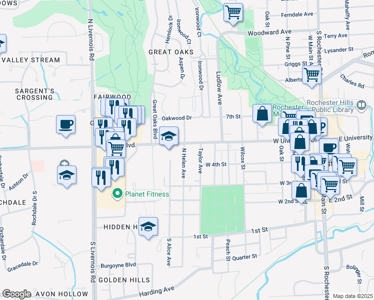 map of restaurants, bars, coffee shops, grocery stores, and more near 416 North Helen Avenue in Rochester