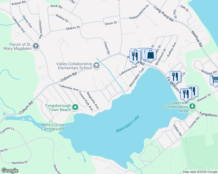 map of restaurants, bars, coffee shops, grocery stores, and more near 30 Mount Rock Avenue in Tyngsborough