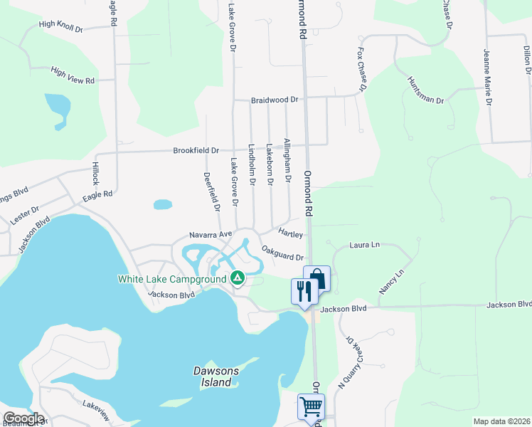 map of restaurants, bars, coffee shops, grocery stores, and more near 4653 Lakeborn Drive in White Lake charter Township