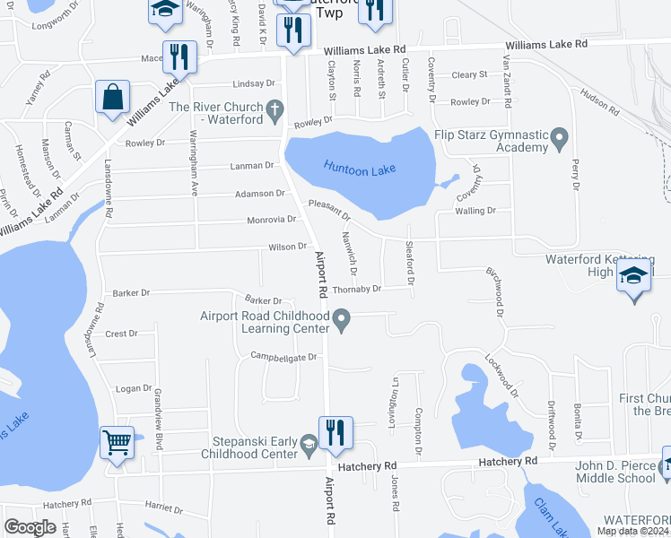 map of restaurants, bars, coffee shops, grocery stores, and more near 2936 Airport Road in Waterford Township