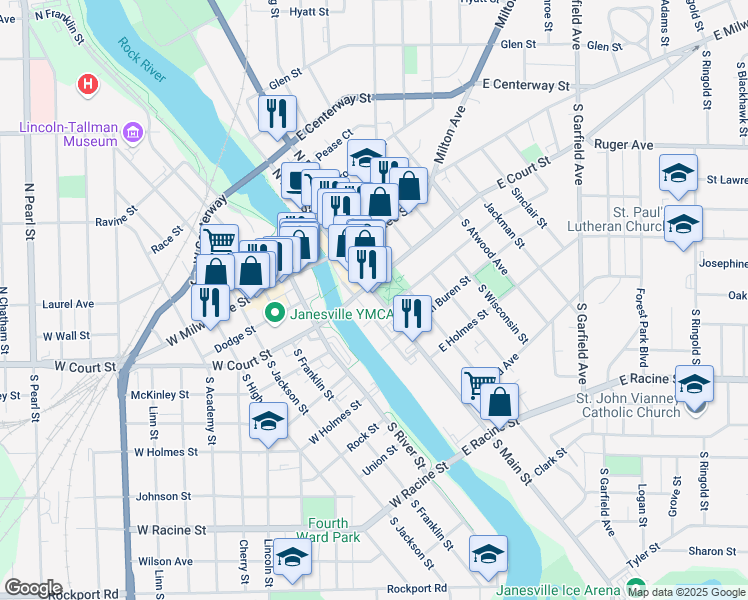 map of restaurants, bars, coffee shops, grocery stores, and more near 64 South Main Street in Janesville