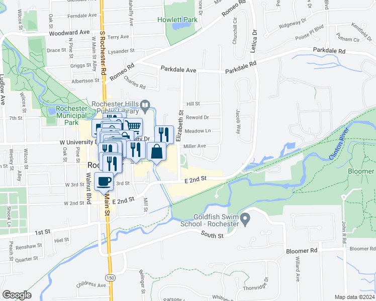 map of restaurants, bars, coffee shops, grocery stores, and more near 492 Baldwin Avenue in Rochester