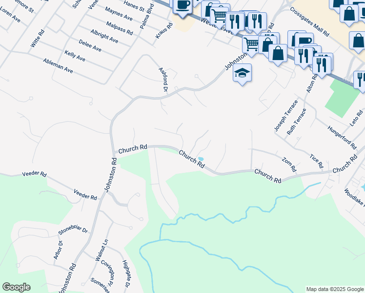 map of restaurants, bars, coffee shops, grocery stores, and more near 15 Harmony Hill Road in Albany