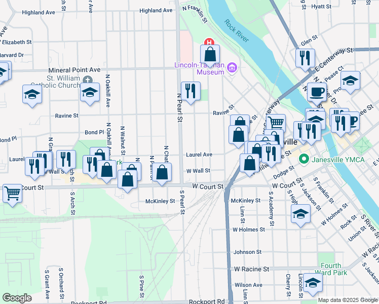 map of restaurants, bars, coffee shops, grocery stores, and more near 120 North Pearl Street in Janesville