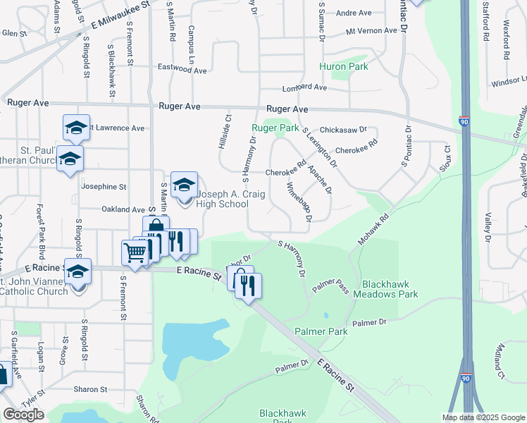 map of restaurants, bars, coffee shops, grocery stores, and more near 425 South Harmony Drive in Janesville