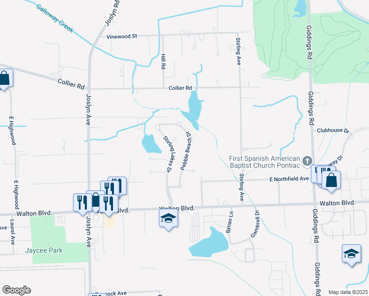map of restaurants, bars, coffee shops, grocery stores, and more near 1545 Pebble Beach Drive in Pontiac