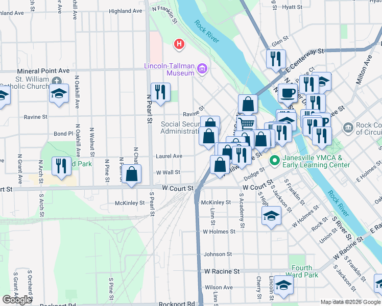map of restaurants, bars, coffee shops, grocery stores, and more near 121 Madison Street in Janesville