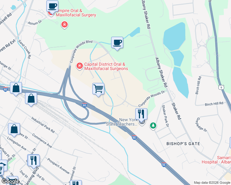 map of restaurants, bars, coffee shops, grocery stores, and more near 17 Corporate Woods Boulevard in Albany