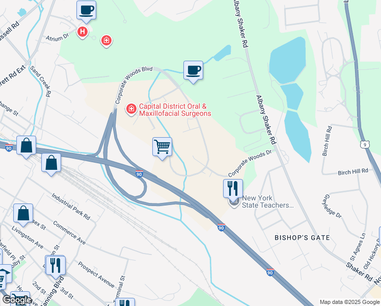 map of restaurants, bars, coffee shops, grocery stores, and more near 17 Corporate Woods Boulevard in Albany
