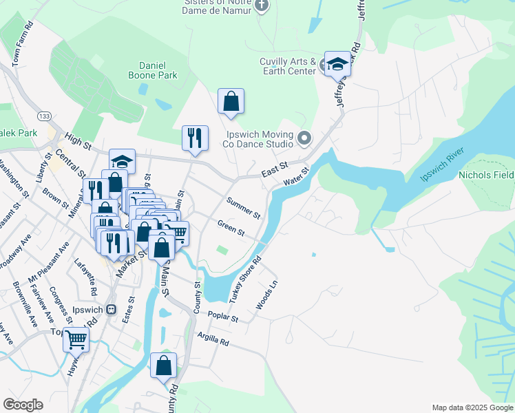 map of restaurants, bars, coffee shops, grocery stores, and more near 8 Water Street in Ipswich