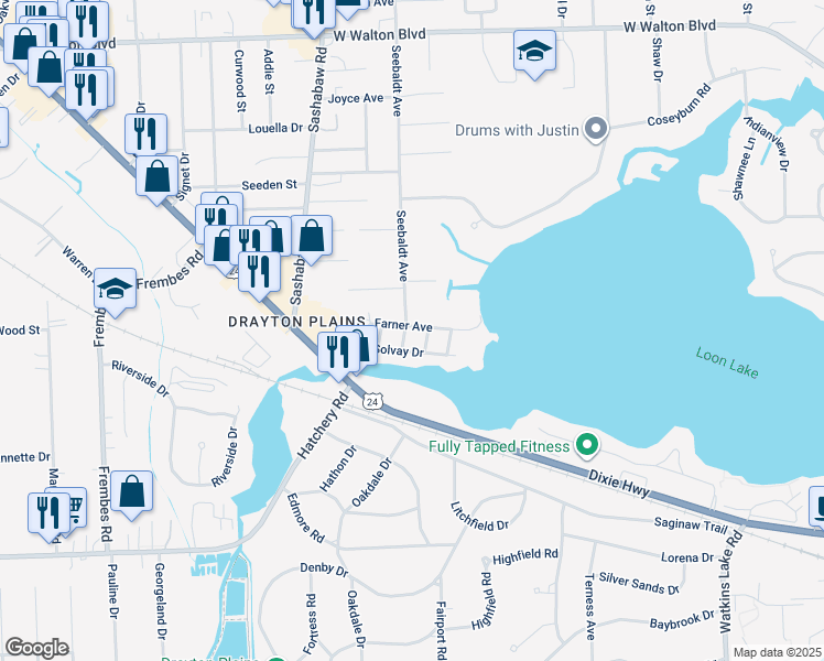 map of restaurants, bars, coffee shops, grocery stores, and more near 2901 Seebaldt Avenue in Waterford Township
