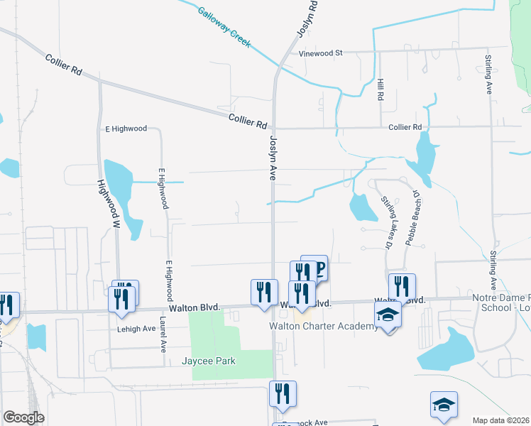 map of restaurants, bars, coffee shops, grocery stores, and more near 1567 Joslyn Avenue in Pontiac