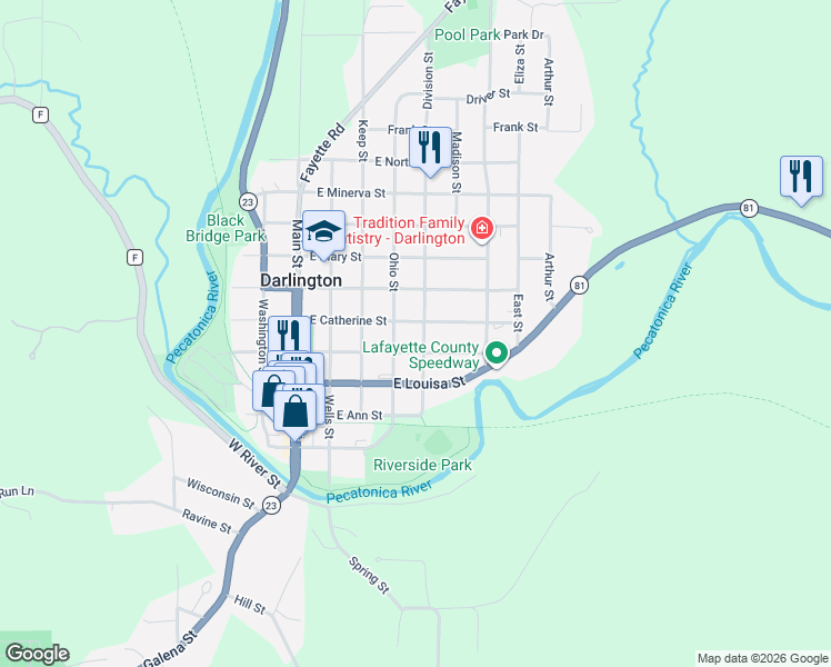 map of restaurants, bars, coffee shops, grocery stores, and more near 516 East Cornelia Street in Darlington