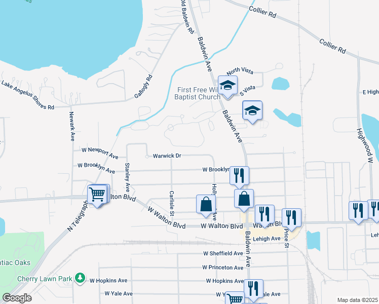 map of restaurants, bars, coffee shops, grocery stores, and more near 122 Warwick Drive in Pontiac