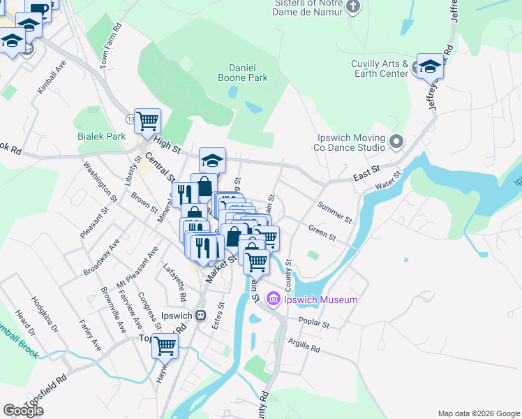 map of restaurants, bars, coffee shops, grocery stores, and more near 12 North Main Street in Ipswich