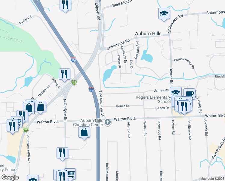 map of restaurants, bars, coffee shops, grocery stores, and more near 2576 James Road in Auburn Hills