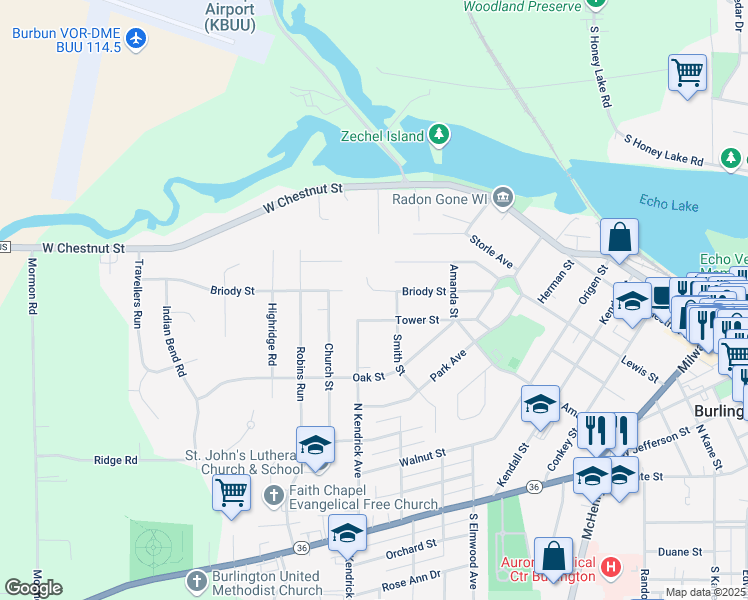 map of restaurants, bars, coffee shops, grocery stores, and more near 578 Tower Street in Burlington
