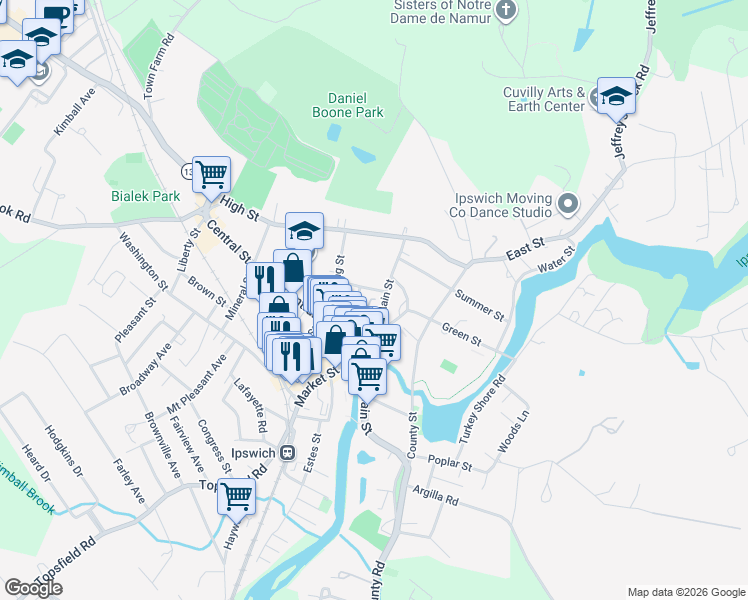 map of restaurants, bars, coffee shops, grocery stores, and more near 12 North Main Street in Ipswich
