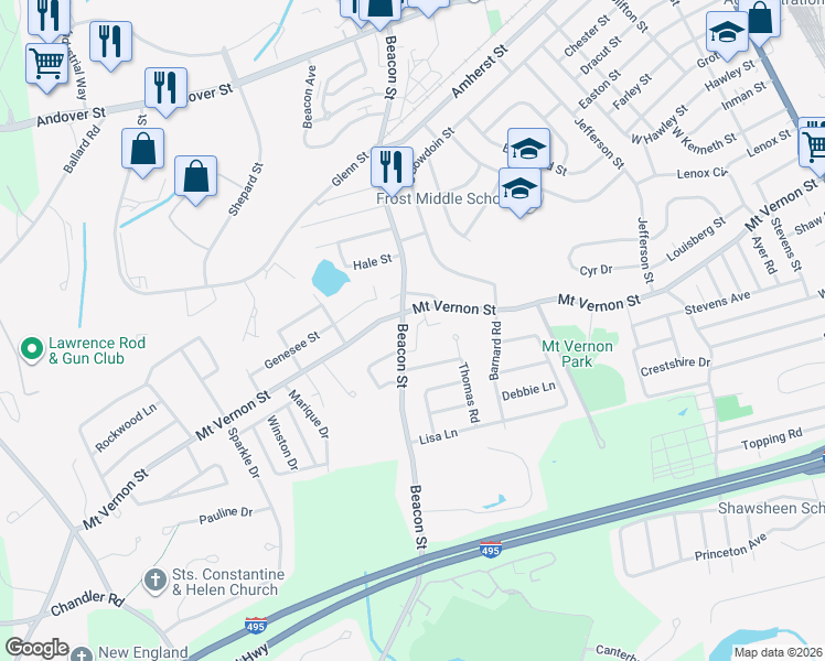 map of restaurants, bars, coffee shops, grocery stores, and more near 5 Roberta Lane in Lawrence