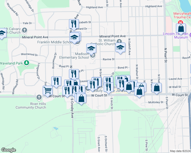 map of restaurants, bars, coffee shops, grocery stores, and more near 118 North Willard Avenue in Janesville