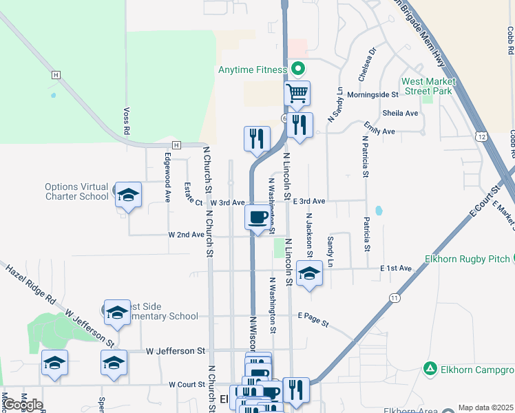 map of restaurants, bars, coffee shops, grocery stores, and more near 509 North Wisconsin Street in Elkhorn