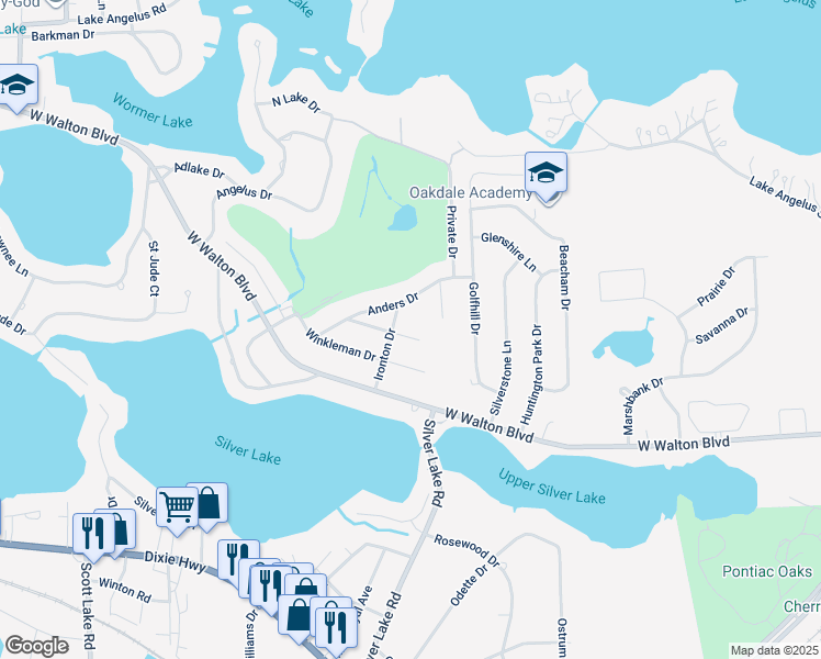 map of restaurants, bars, coffee shops, grocery stores, and more near 2750 Ironton Drive in Waterford Township