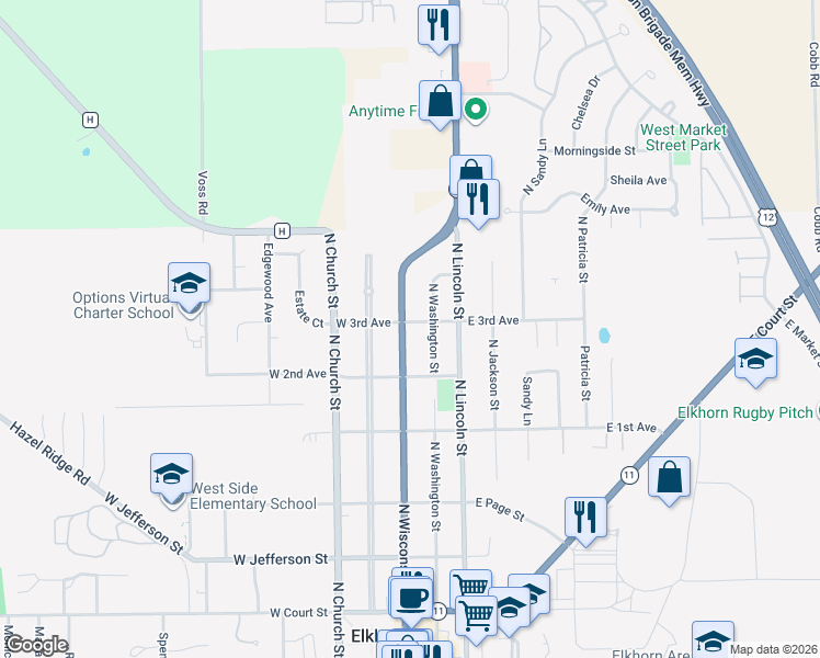 map of restaurants, bars, coffee shops, grocery stores, and more near 509 North Wisconsin Street in Elkhorn