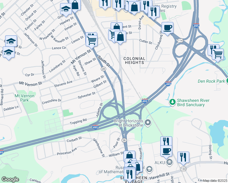 map of restaurants, bars, coffee shops, grocery stores, and more near 476 South Broadway in Andover