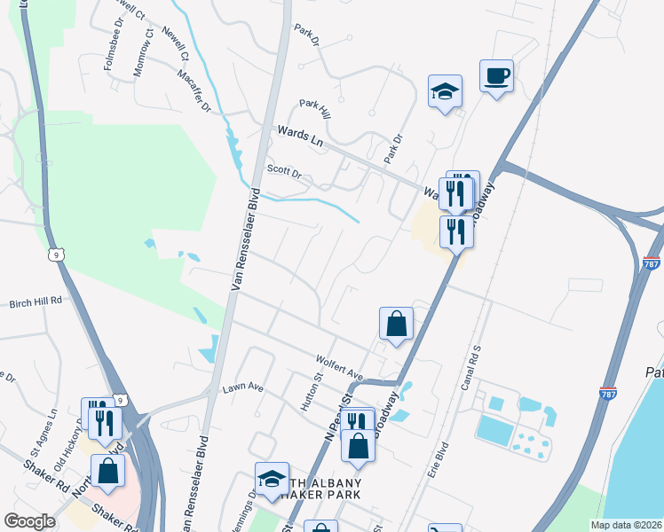 map of restaurants, bars, coffee shops, grocery stores, and more near 3 Pawling Street in Menands