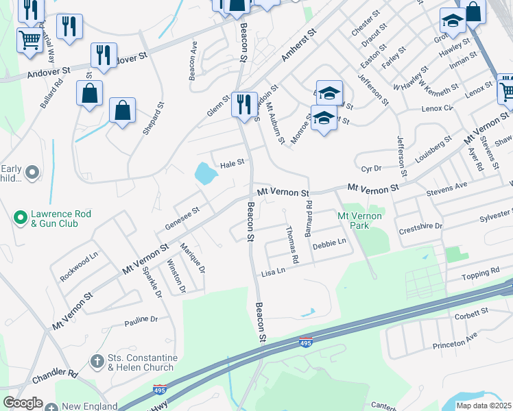map of restaurants, bars, coffee shops, grocery stores, and more near 88 Beacon Street in Lawrence