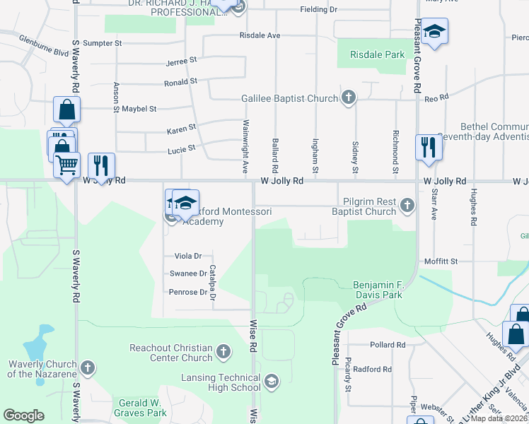 map of restaurants, bars, coffee shops, grocery stores, and more near 2913 Midwood Street in Lansing
