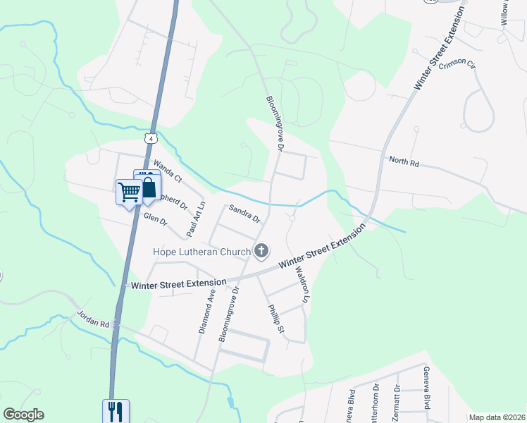 map of restaurants, bars, coffee shops, grocery stores, and more near 210 Bloomingrove Drive in Troy