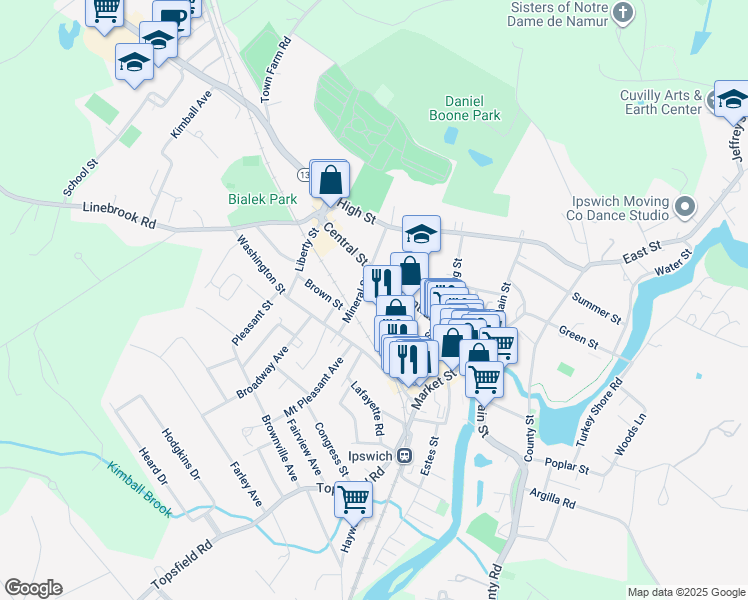 map of restaurants, bars, coffee shops, grocery stores, and more near 9 Mineral Street in Ipswich