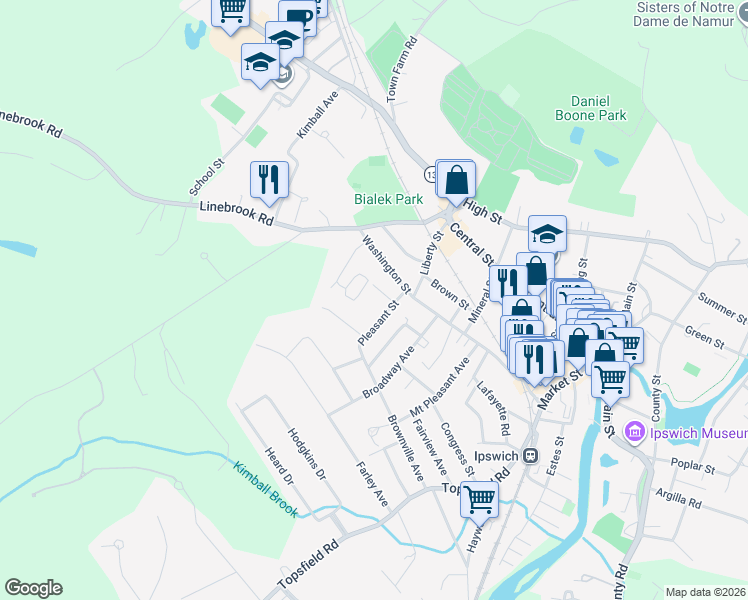 map of restaurants, bars, coffee shops, grocery stores, and more near 3 Blaisdell Terrace in Ipswich